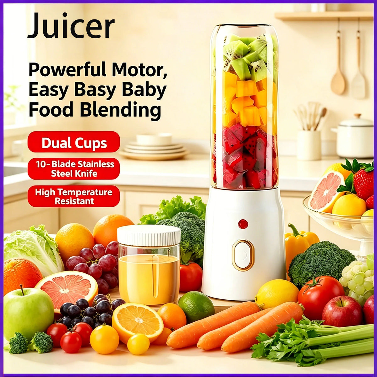Portable Fruit Juicer Blenders Outdoor Personal Electric Mini Bottle Home USB Charge 10 Blades Double Cup Juicer Machine